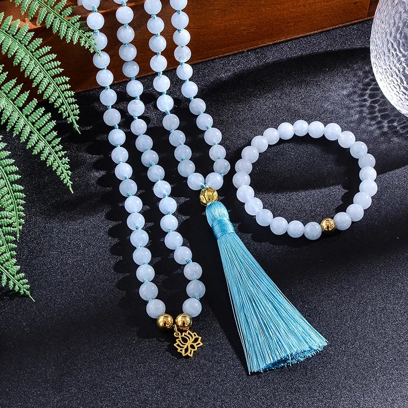 Aquamarine Mala Necklace + Bracelet Set
